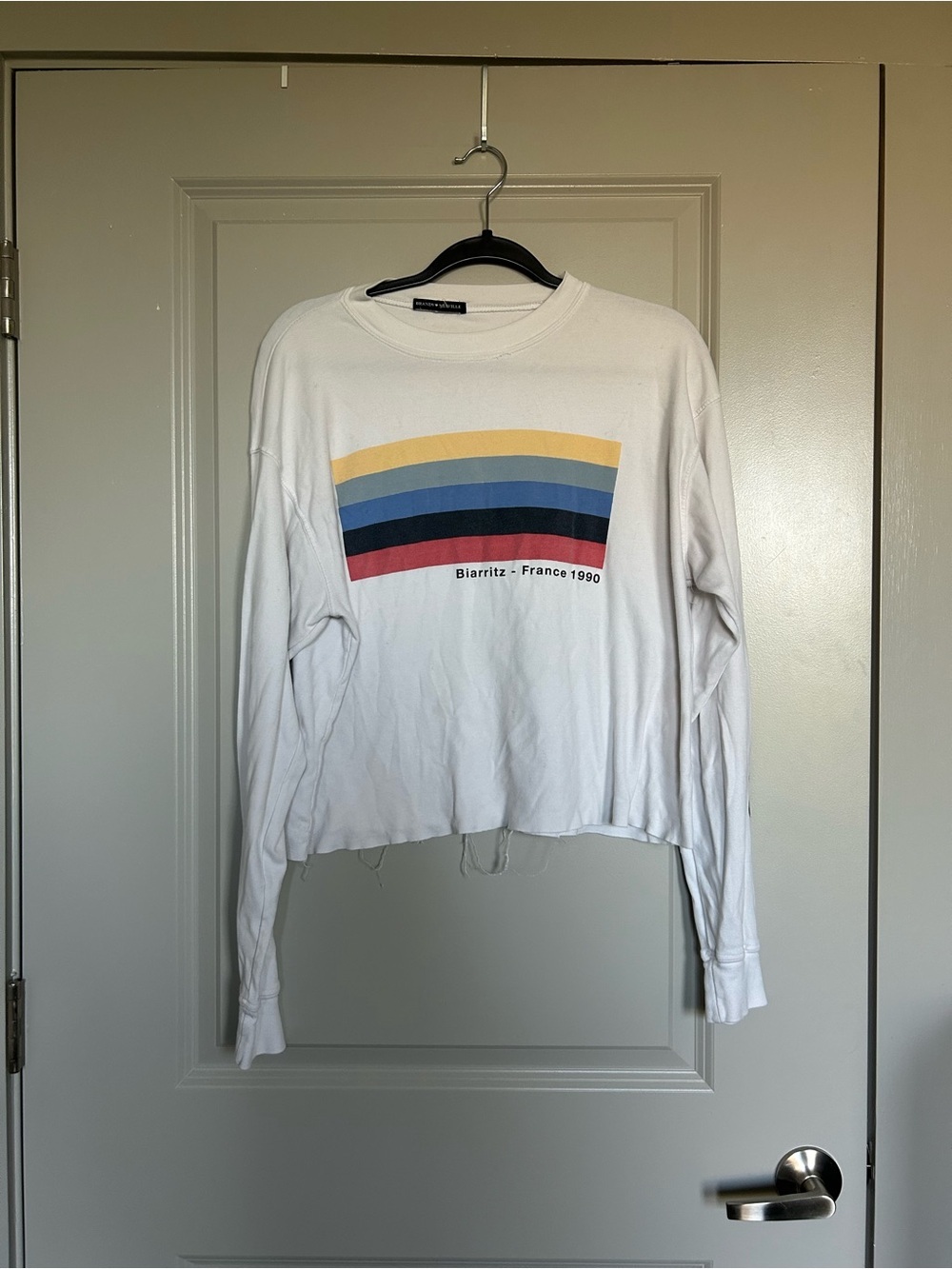 Brandy Melville White Long Sleeve Tee with Yellow, Blue, Navy & Red Stripes